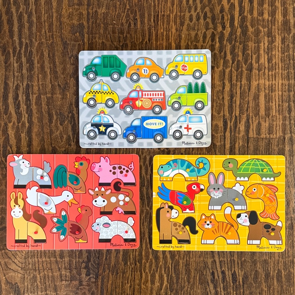 Lot of 3 Melissa & Doug Mix & Match Puzzles - Vehicles, Pets, Farm Animals